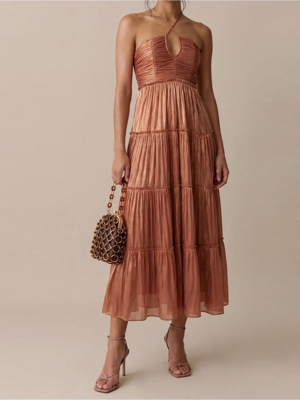 OPT Rose Gold Metallic Tiered Maxi Dress Halter Slip Glamorous XS